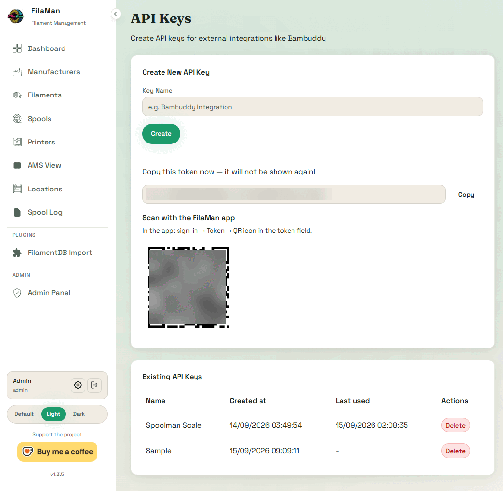 Creating an API key in FilaMan