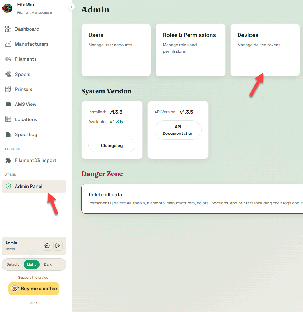 The Devices card in FilaMan's Admin Panel