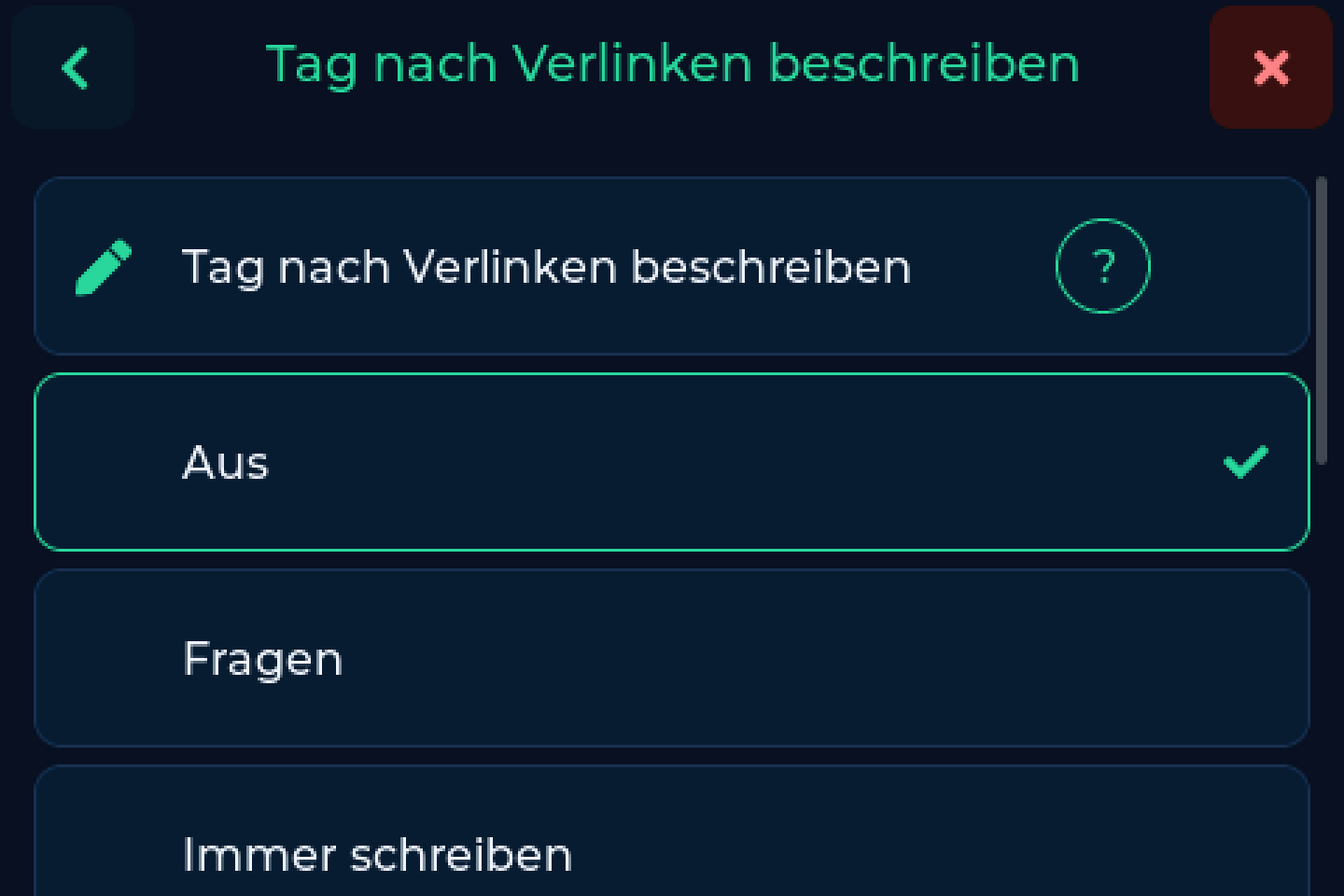 Optionen für das Tag-Schreiben
