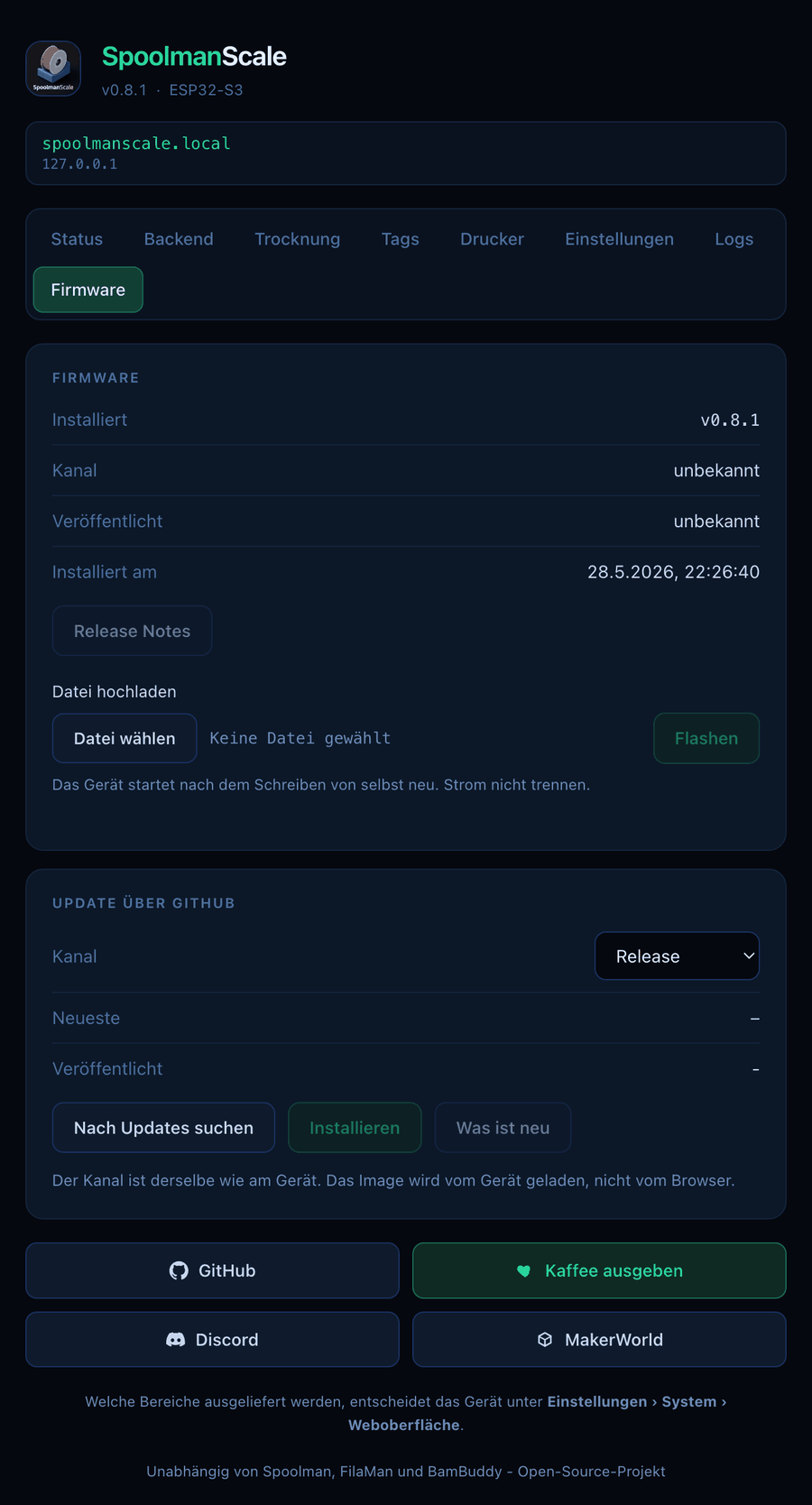 Die Seite Firmware im Browser
