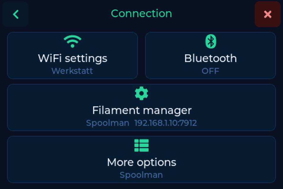 The Connection menu on the device