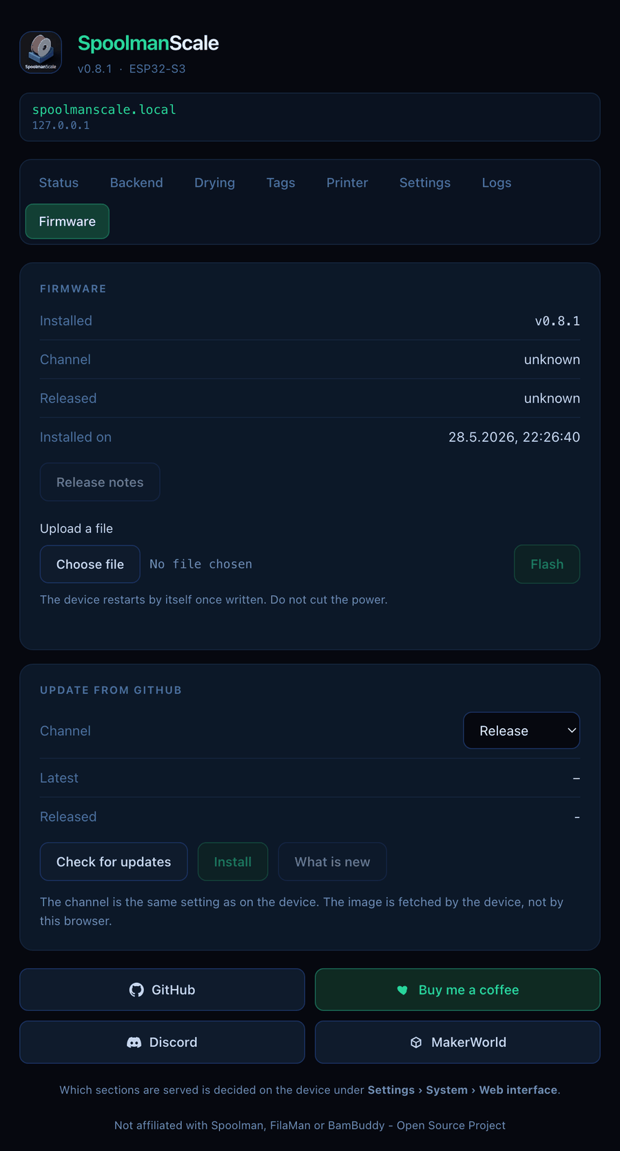 The Firmware page in the browser