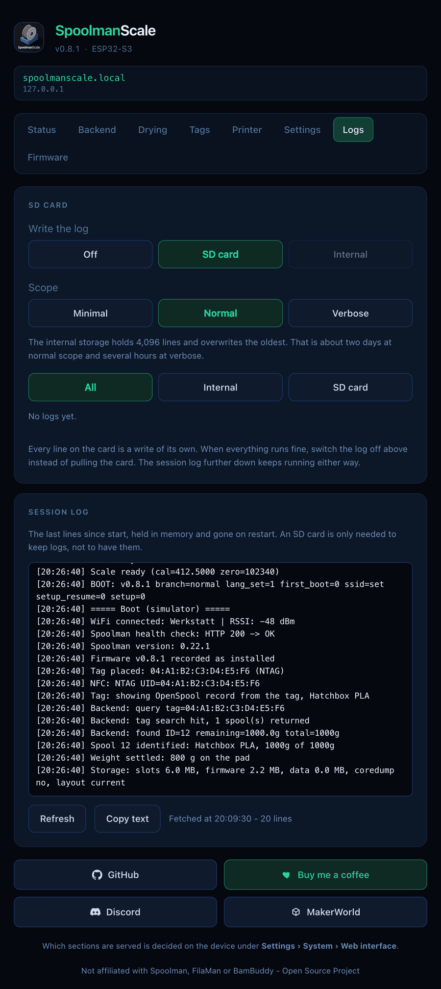 The Logs page
