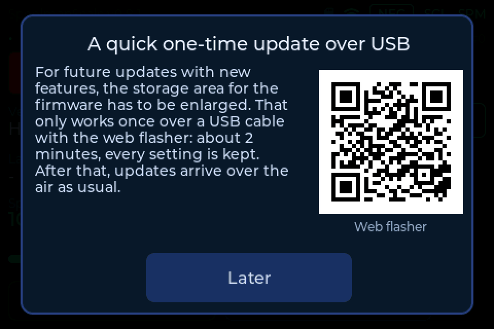 The reminder with a QR code to the web flasher